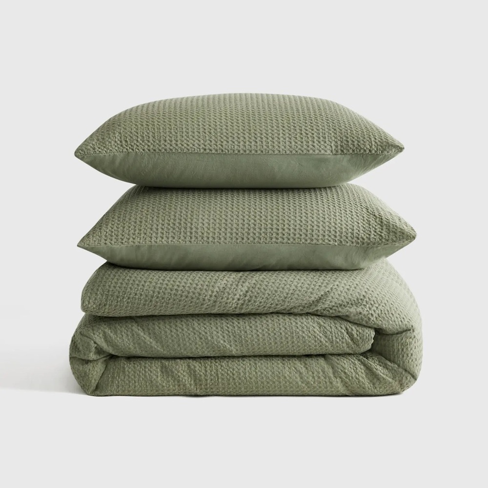 NWT QUINCE Organic Luxe Waffle/Honeycomb Duvet Cover Set - Olive - King/Cal King